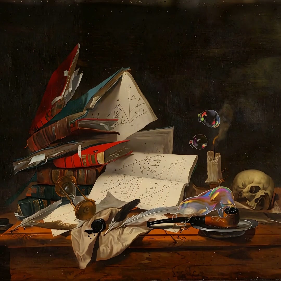 A still life of books, diagrams, scientific instruments, bubbles, and a skull